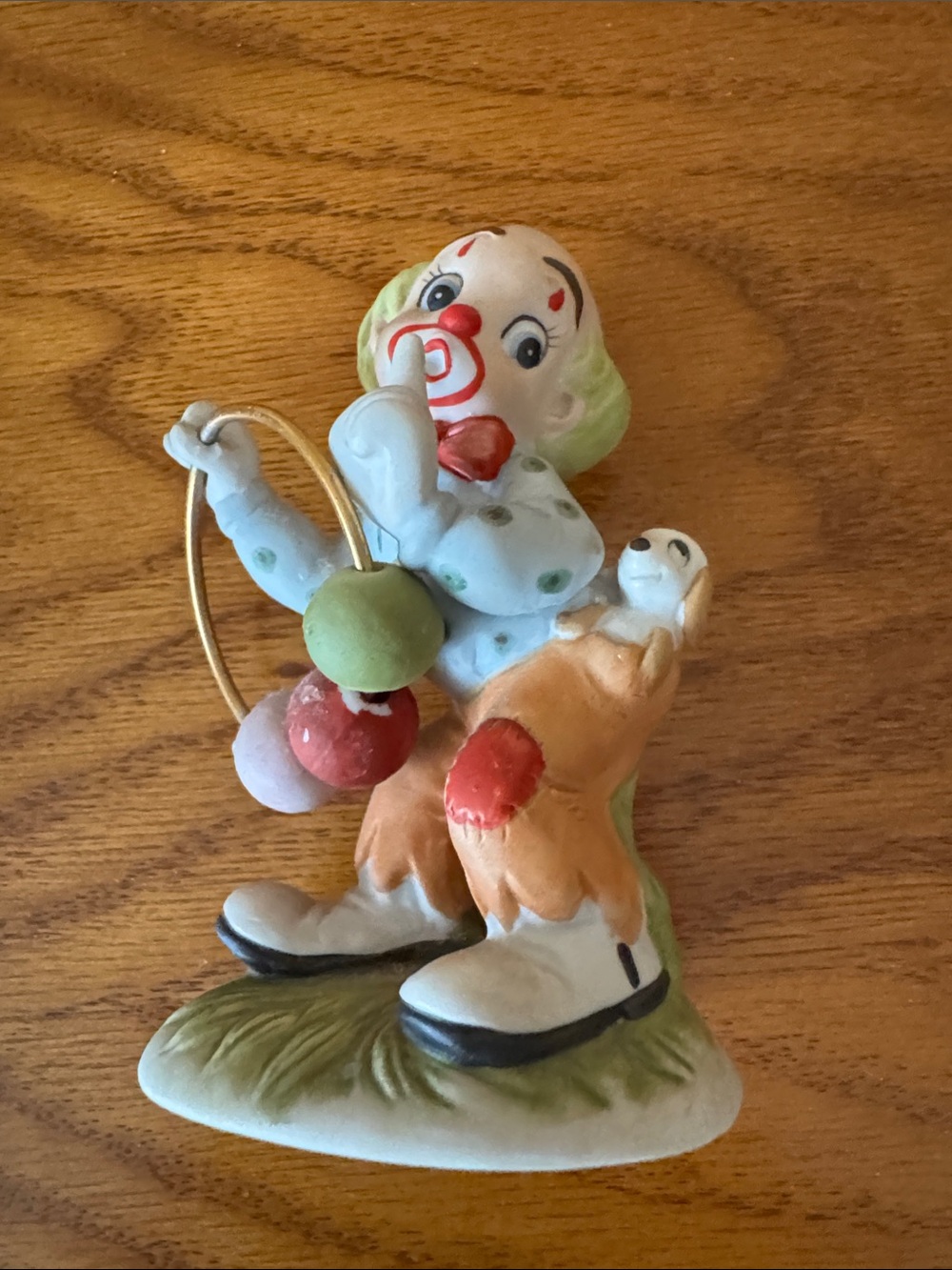 Hand-Painted Ceramic Clown and Dog Figurine in Pastel Colors